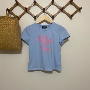 White Fox Boutique Light Blue Tee with Pink Logo